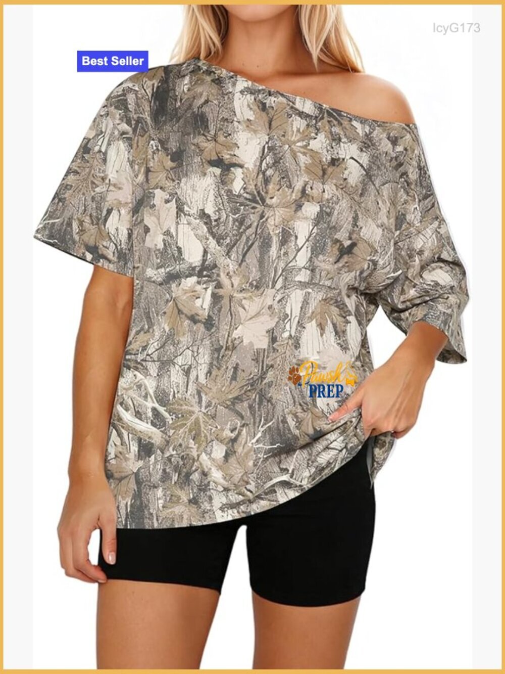 Off Shoulder Camo T Shirt Short Sleeve Oversized Boat Neck Tee